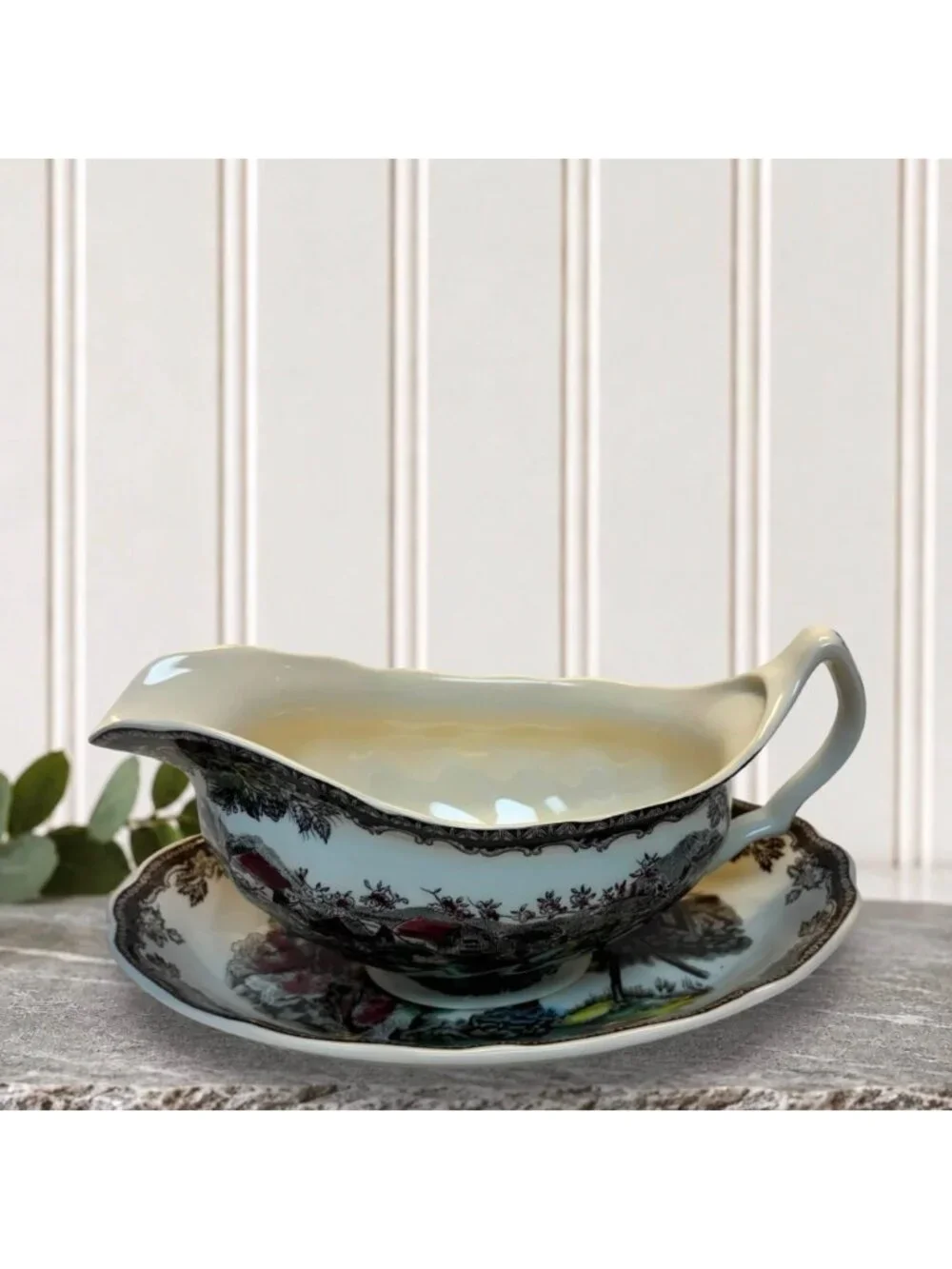 Johnson Bros The Friendly Village Gravy Boat W/ Underplate Made In England Vinta